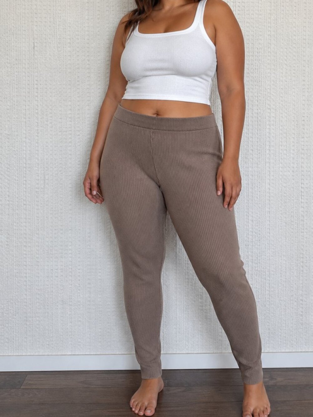 H&M Ribbed Leggings Taupe High Waisted Lounge Pants Plus Size XXL Soft Stretch
